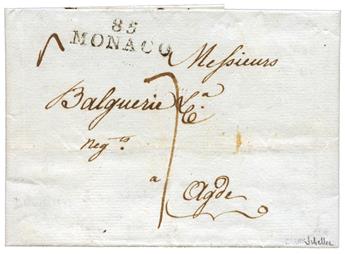 Monaco : Lettre de PORT MAURICE le 2 Mai 1805 avec MP noire 85/MONACO + taxe 7 sur pli pour Agde