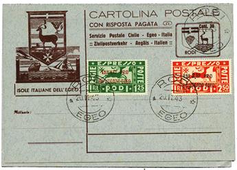 Egée (Rhodes) : Affranchissement composé obl. RODI/EGEO 20/11/43 sur Entier Postal avec réponse payée richement illustré.