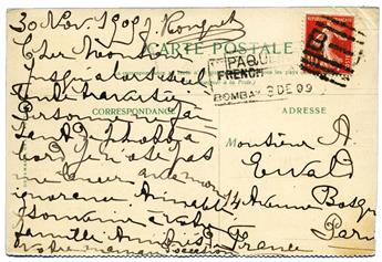 France : n°138 obl. carrée B1 + griffe encadrée PAQUEBOT sur carte postale des messageries maritimes EMBARQUEMENT DU CHARBON A SINGAPOUR (1909)