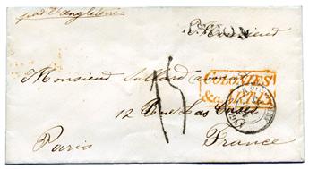 Portugal : Lettre avec cachet rouge COLONIES/&ART13 + càd AMBULANT CALAIS 15/12/1855 + griffe LISBON