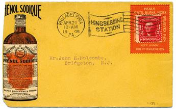 Etats-Unis : Porte-timbre imprimé (en orange) sur lettre avec illustration multicolore d´une bouteille d´antiseptique affranchie à 2 cents Washington n°158