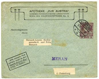 Autriche : Entier Postal timbré sur commande 3 hel. Violet APOTHEKE ZUR AUSTRIA