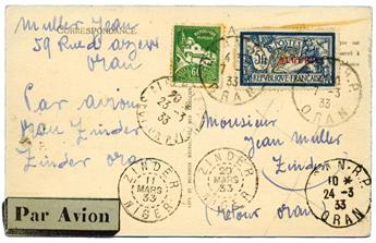 Algérie : CPA avec affranchissement à 5F60 Oran pour Zinder 7/mars/1933 par avion militaire colonel Bouscat et retour