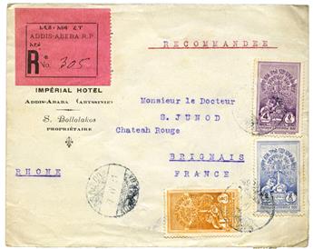 Ethiopie : Affranchissement composé obl. sur pli Rec. de ADDIS-ABEBA pour Brignais (1931)